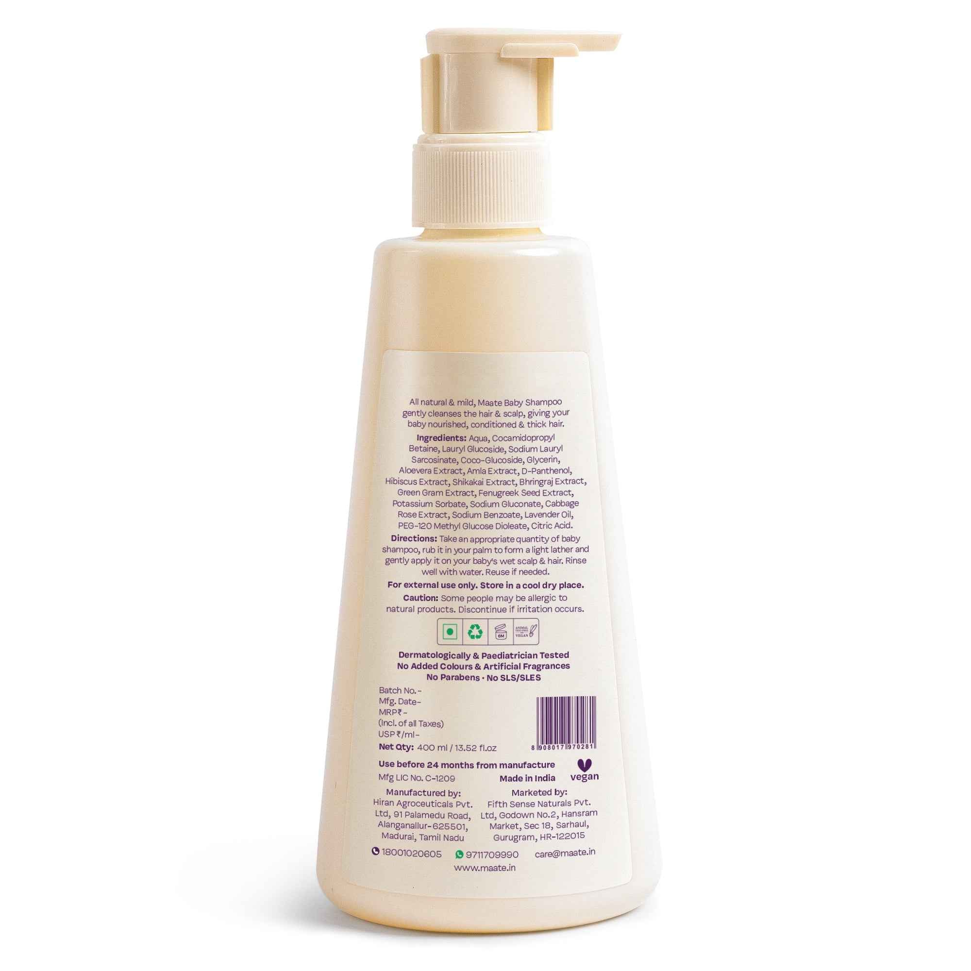 Tear Free Baby Shampoo - ph Balanced | Soap Free - 400 ML - Maate